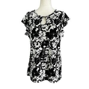 60-39 Rene Ricci Black White Floral Blouse Women Top Size Small
